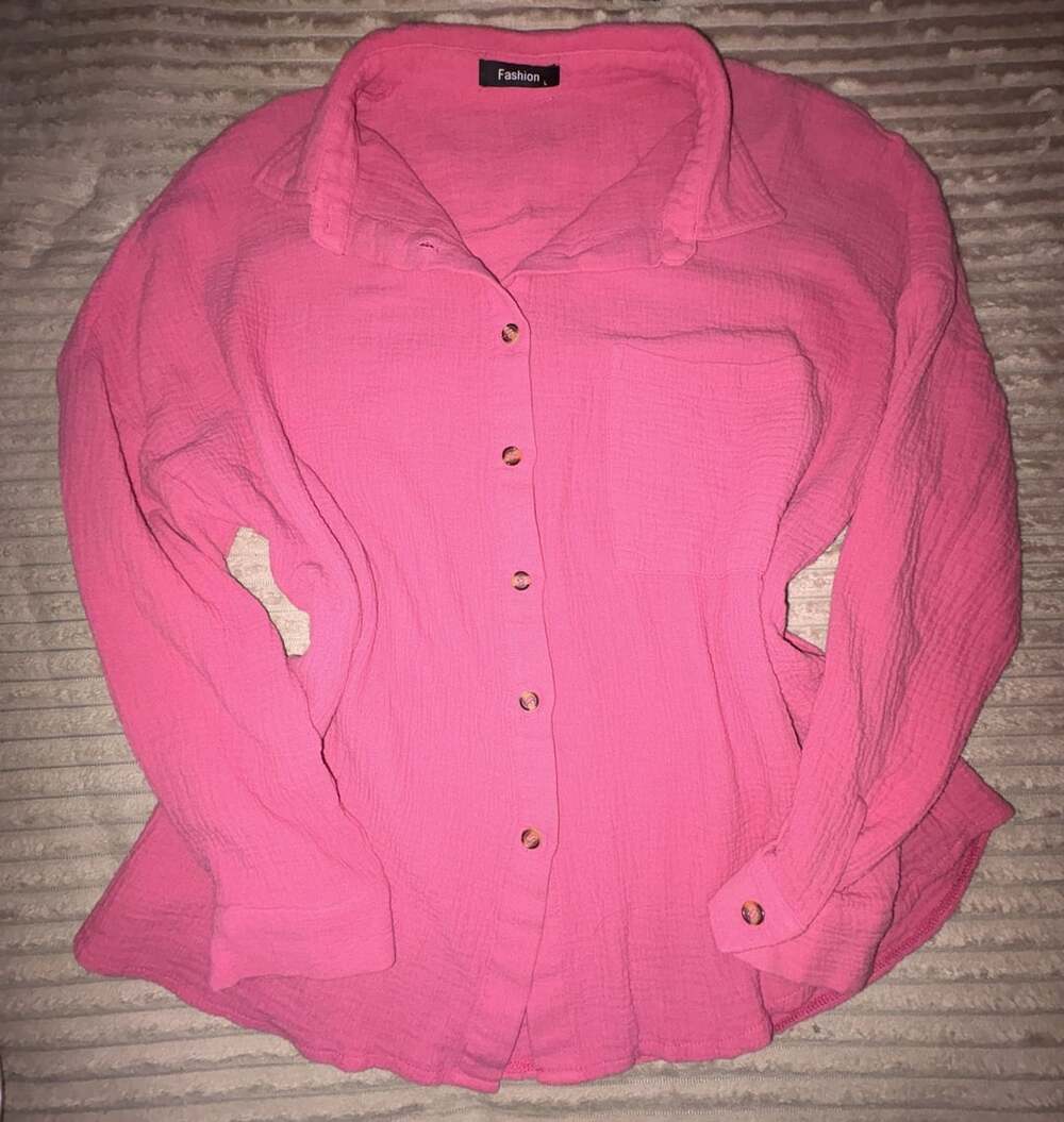 100% Cotton Fashion Pink Cotton Gauze Long Sleeve Button Down Shirt Size L